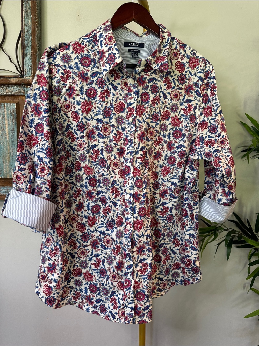 Chaps vintage floral Button-Down 3 quarter sleeve Shirt with striped cuffs XXL